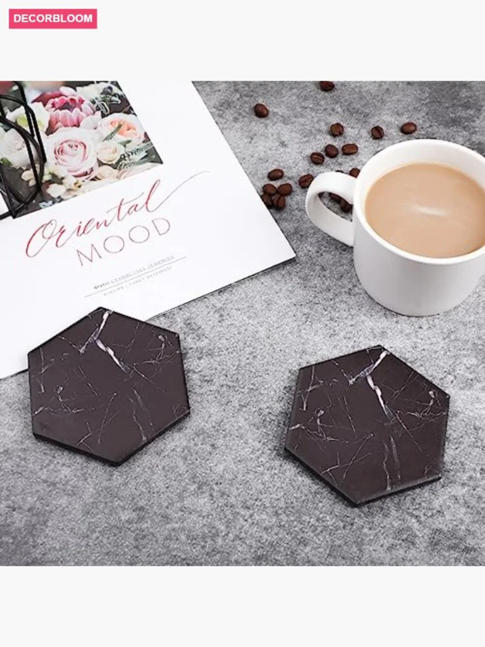 Hexagon Marble Coasters for Drinks with Gold Holder Set of 6 Absorbent Cork Base